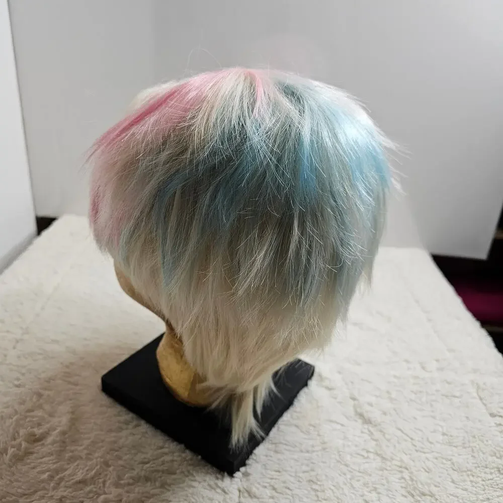 Short Light Blonde blue light purple pink highlights Funky Artsy Wig. Adjustable